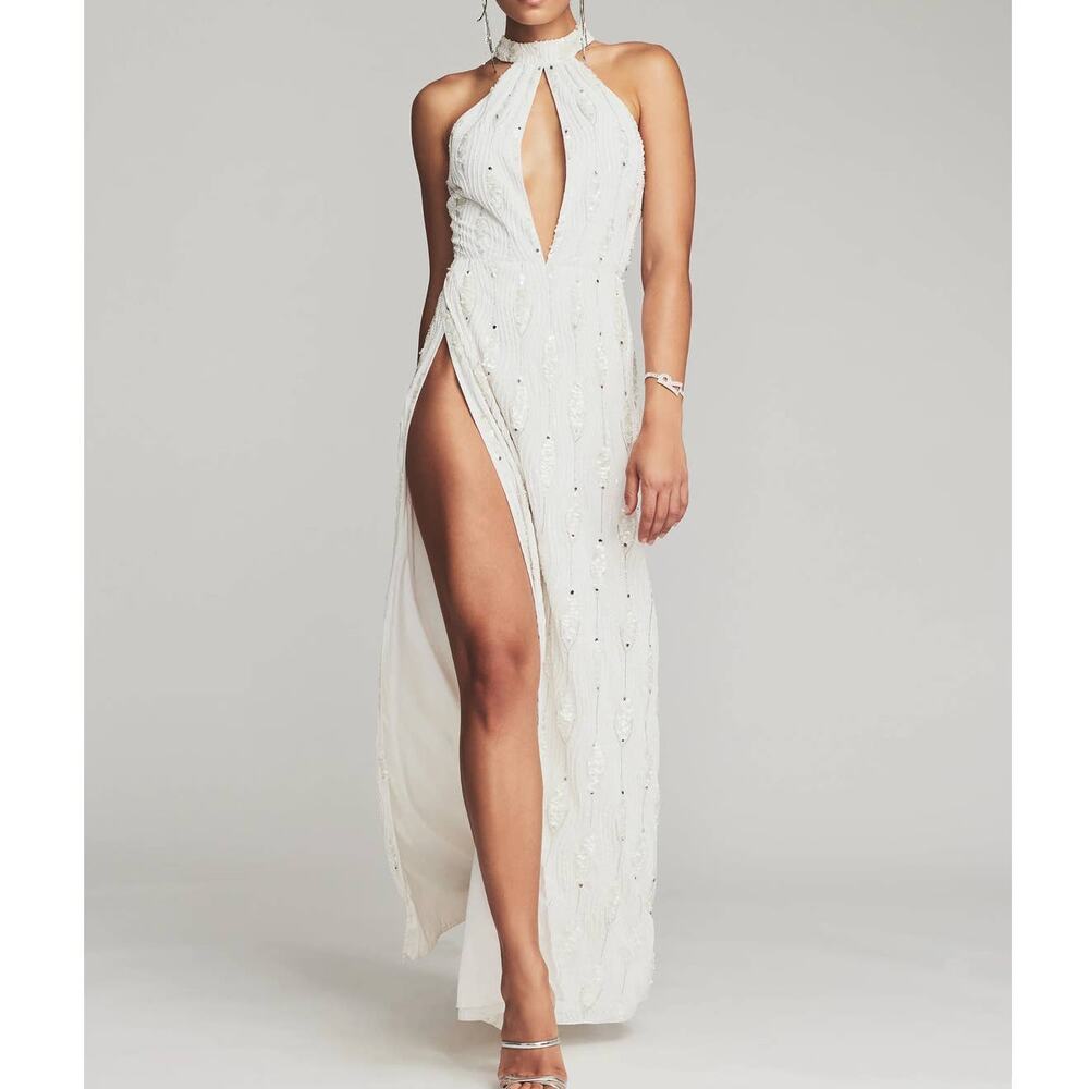 Retrofete Prima White Sequin Halter Neck High Slit Long Maxi Dress Gown